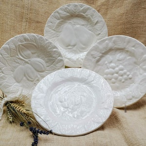 Vintage French white majolica plates, raised design of fruits, Sarreguemines & Saint Clement BARBOTINE Plates, set of 4 dessert plates