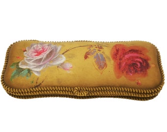 Antique French box covered in silk, hand painted roses, boudoir box for gloves or stockings