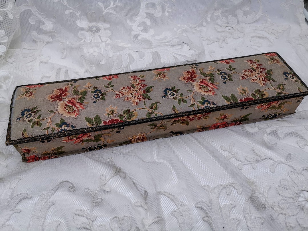 Antique FRENCH FABRIC Knitting Needles Box, Pale Blue With Flowers
