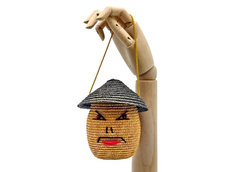 1940s French figural straw handbag with Asian face motif
