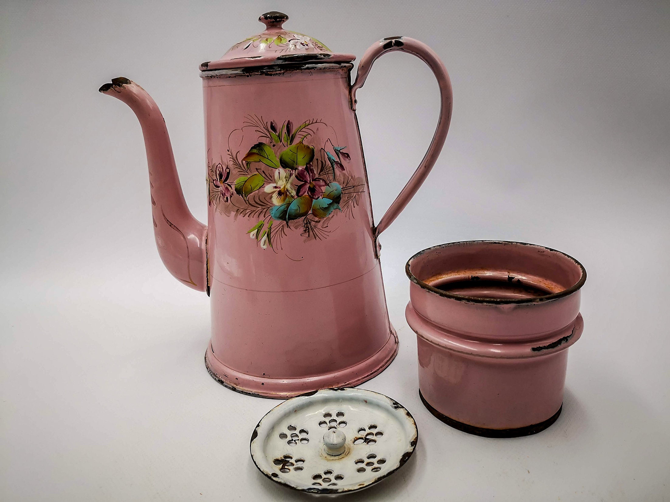 Antique French Enamel Coffee Pot, Pink Violets, Japy Style, 1900s
