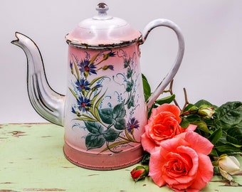 Enamel French coffee bigging for H, pink, hand painted cornflowers, french antique enamelware, Antique pink enamel coffee pot early 1900&#39;s.