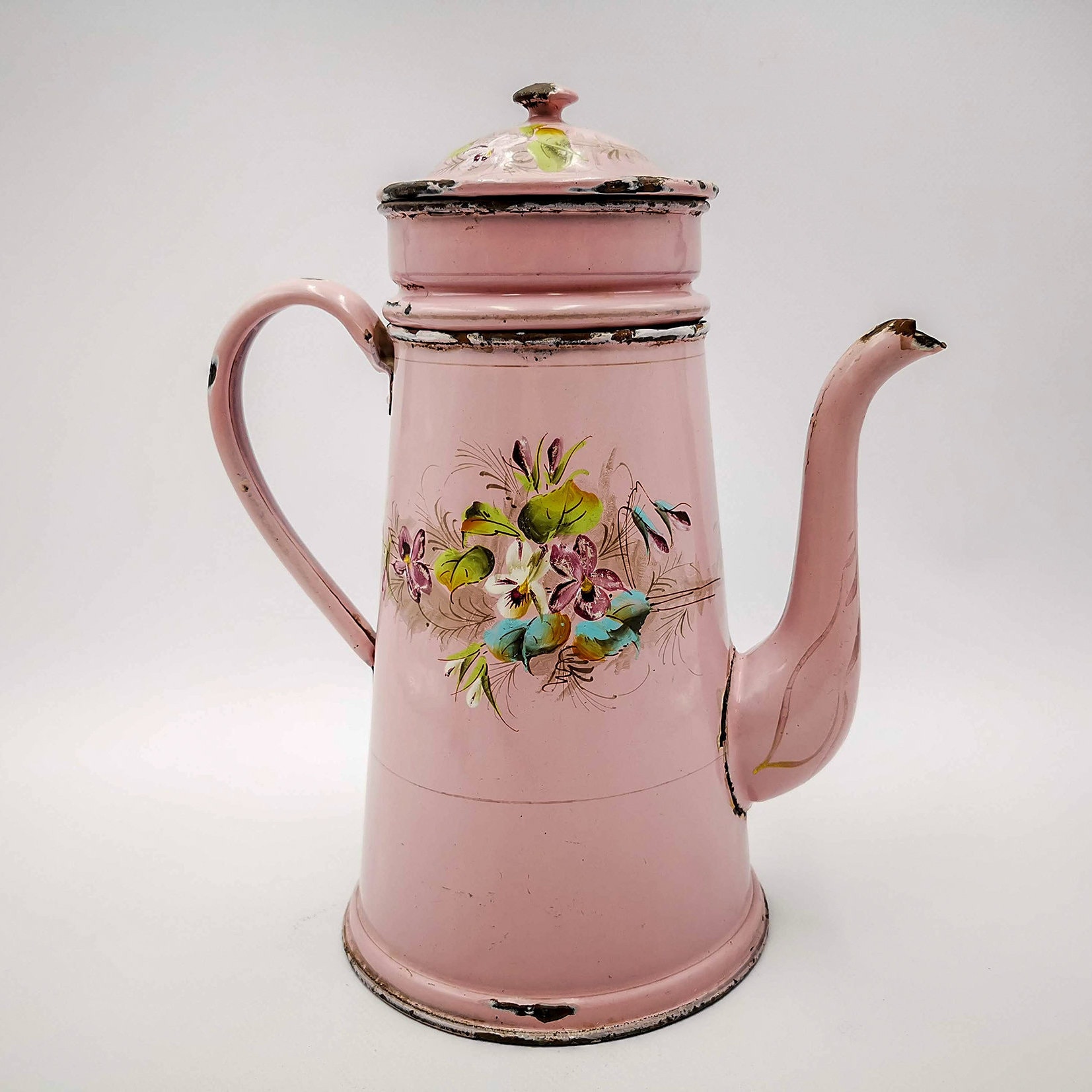 Antique French Enamel Coffee Pot, Pink Violets, Japy Style, 1900s