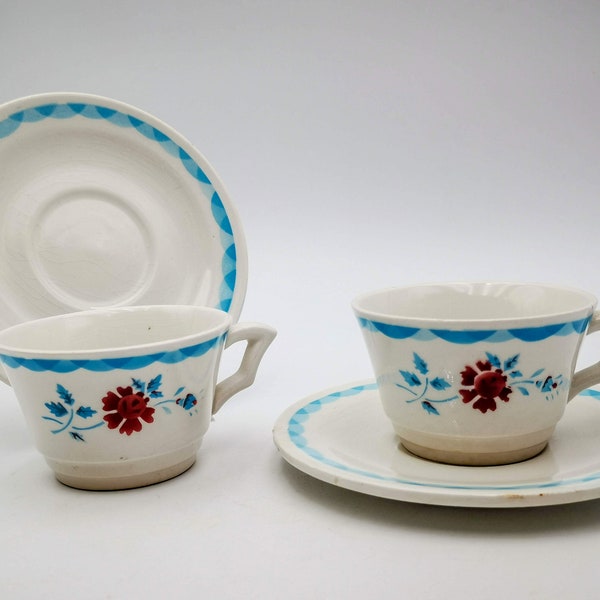 Antique French ceramic coffee cups and saucers, set of 2 cups, red flower decor & turquoise blue, antique french cup, Moulin de Loups