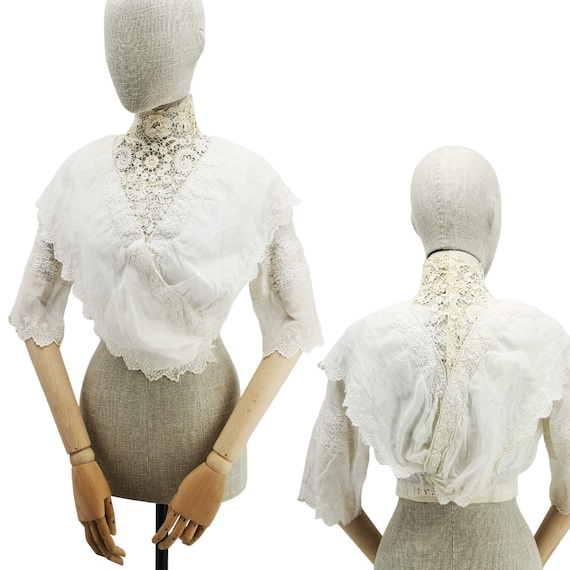 Antique French blouse, Irish crochet lace yoke an… - image 1