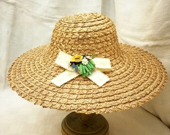 Vintage Italian Straw Sun Hat, Florence Millinery Flowers, Embroidered Ribbon