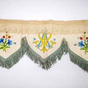 Antique religious althar valance - pelmet, ivory silk, hand embroidered monogram AM, embroidered flowers, lace and silk fringes