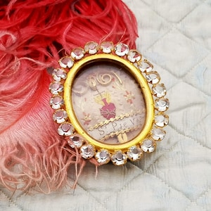 Antique French Reliquary, Embroidered Sacred Heart, Goldtone Frame