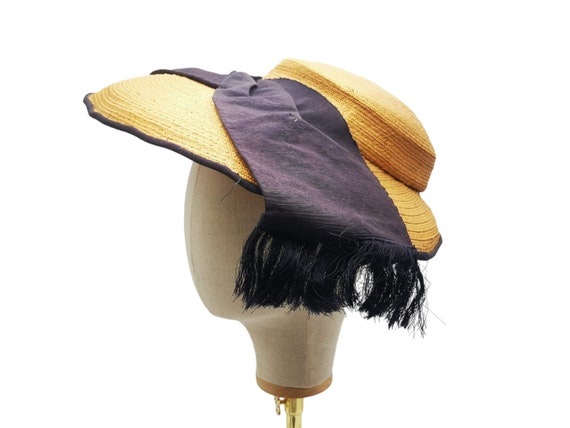 Vintage 1930s French Straw Hat, Wide Brim With Black  display picture 2