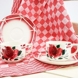 Antique French ceramic coffee cups and saucers, set of 2  cups & saucers Digoin Sarreguemines model Cibon, red roses decor, vintage cups