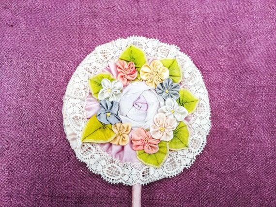 ANTIQUE SILK RIBBONWORK Flapper Mirror Wand, antiq