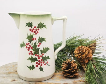 Antique French ironstone pitcher, stenciled & airbrushed decor of holly, Saint Amand, antique french jug, vintage french jug Xmas decor
