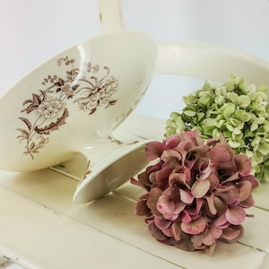 Antique French ironstone fruit stand or cake stand footed dish, brown transferware with dragonfly, butterfly & flowers, brown Terre de Fer