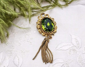 Antique French oval pendant, gold color frame medallion pendant with green rhinestone, roses garlands, bow & tassel, vintage medallion