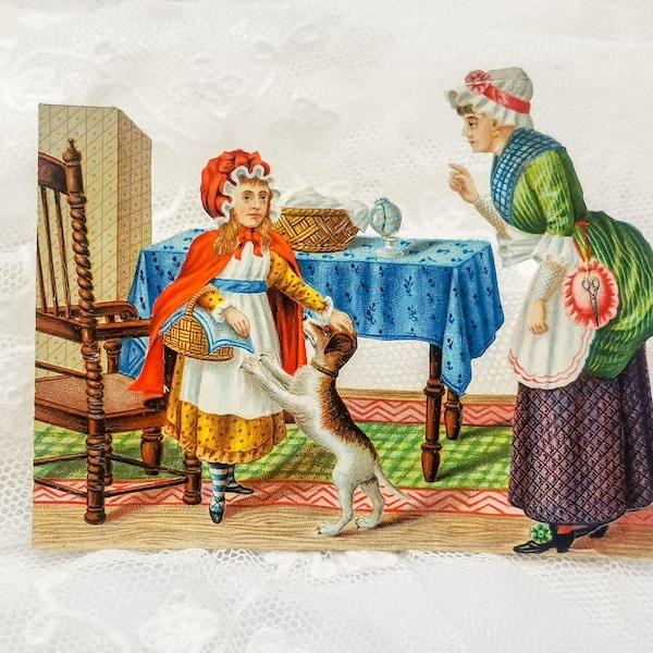 Antique French die cut chromo with Little red riding hood, embossed decor die cut chromo Le Petit Chaperon Rouge tale scene, collectable