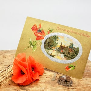Antike Postkarte mit Mohnblumen und Landschaft, goldene Hintergrund Postkarte, Edwardian Ära geprägte Postkarte, Sammlerpostkarte