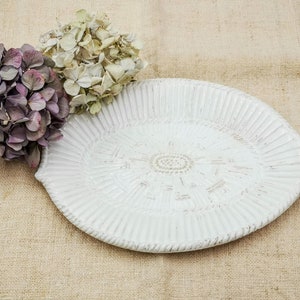 Antique French Oval plate, small oval plate for appetizer, vintage white earthenware plate raised decoration as wicker basket, white ceramic