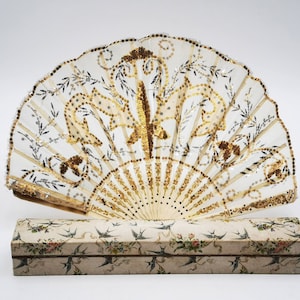 Antique hand fan, small size folding fan with carved sticks, light beige silk & tulle net with sequins embroideries, beautiful original box