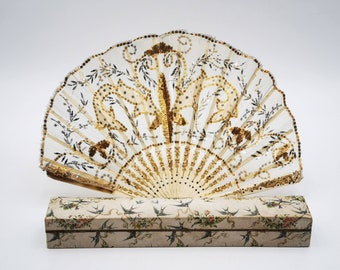 Antique hand fan, small size folding fan with carved sticks, light beige silk & tulle net with sequins embroideries, beautiful original box