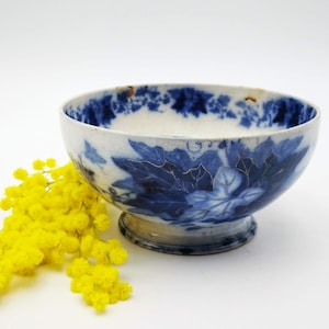 Antique French cafè au lait bowl, terre de fer, decor of leaves in blue, rare Sarreguemines bowl model Bryonia, flowing blue with gildings