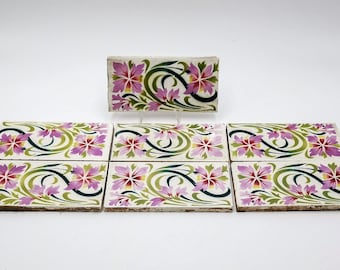 Antique French tiles Art Nouveau style, signed Saint Amand, stenciled & airbrushed flowers in purple and green, antique rectangular tiles