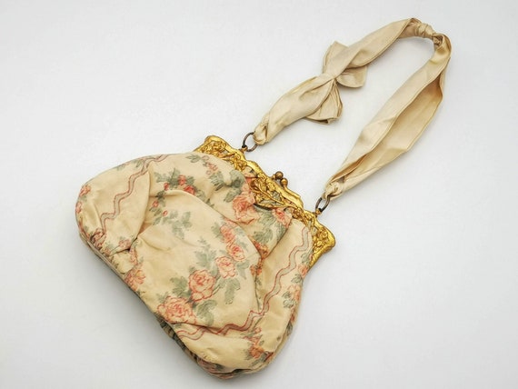 ANTIQUE chiné Silk Purse, garland of pink ROSES c… - image 3