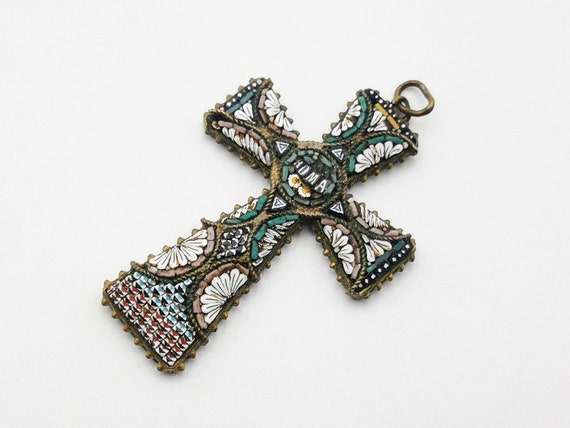Antique Italian micro mosaic cross pendant, vinta… - image 5