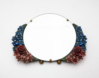 Antique English mirror, small size dressing table mirror, vintage Barbola mirror with blue & pink floral decor, Art Decò era