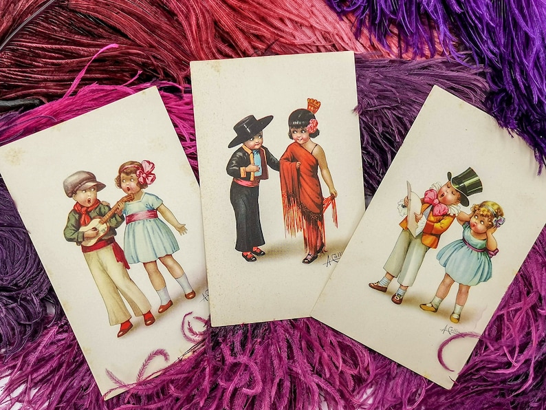 Cartoline antiche con coppie di bambini, cartoline d'epoca illustratore Collino, cartoline vintage da collezione epoca aani '30, Collino immagine 1