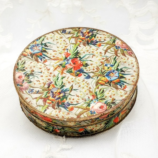 Antique French cardboard box for chocolates or candies, floral box for sweets, silver base & daisies wreaths, roses, pansies, ears of wheat