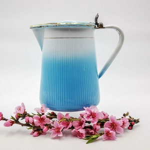 Antique French enamel lidded pitcher, light blue shades & raising stripes decor, antique kitchenalia, enamel jug with lid signed Austria