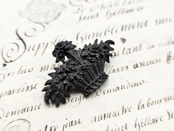 Antique French Mourning Brooch Gutta-Percha Roses… - image 1