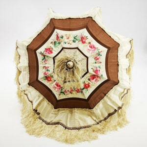 Antique French silk parasol, chinè silk with pink roses, carved and folding handle, Victorian era silk parasol umbrella for young girl