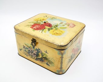 Antique TIN BOX with roses, poppies, violets, Catherine Klein style flowers tin box, romantic box, jewelry box, collectible floral tin box