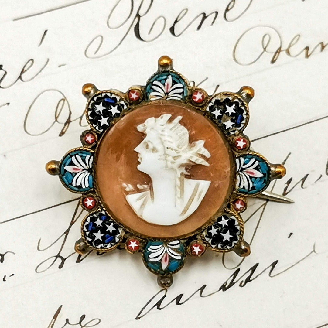 アンティークイタリア製マイクロモザイクブローチ、シェルカメオのお