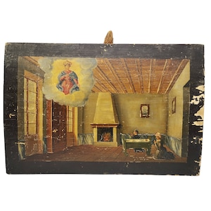 Antiek ex-voto-schilderij op hout, handgeschilderd Italiaans retablo, eind 19e eeuw, religieuze kunst