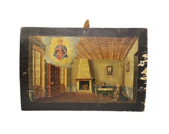 May include: A painted wooden plaque depicting a scene of a room with a fireplace, a woman kneeling in prayer, and a man standing nearby. A painting of a woman in a cloud is above the room.