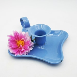 Antique French enameled candle holder, rare periwinkle blue enamel vintage candle holder, periwinkle blue vintage enamel candle holder