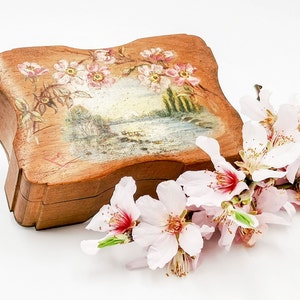 Antique FRENCH olive wood Box, antique Souvenir box, hand painted with landscape and pink dogroses, olive wood souvenir box, early 1900&#39;s