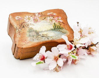 Antique French Olive Wood Box, Hand-Painted Landscape, Pink Roses, Early 1900s