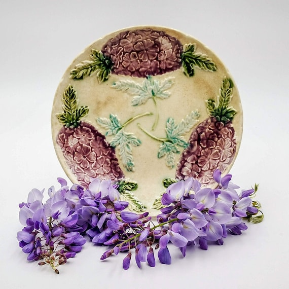 Antique French Majolica Plate, Purple Hydrangea Barbotine Decor