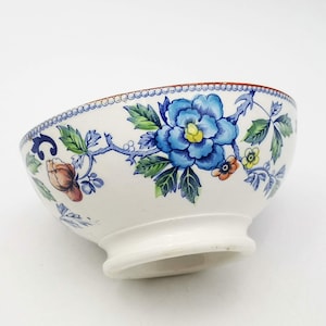 Antique French cafè au lait bowl, ironstone / terre de fer bowl, transfer decor with blue & colored flowers, rare Creil Montereau bowl