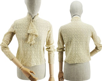 Camicetta in pizzo Art Déco anni '30, colletto jabot, moda francese vintage
