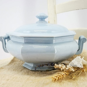 Antique French ironstone soup tureen, pale blue color octagonal soup tureen, raised pearled decor to edges, Creil Montereau octagonal tureen image 1