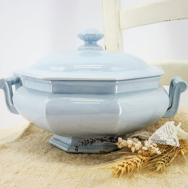 Antique French ironstone soup tureen, pale blue color octagonal soup tureen, raised pearled decor to edges, Creil Montereau octagonal tureen