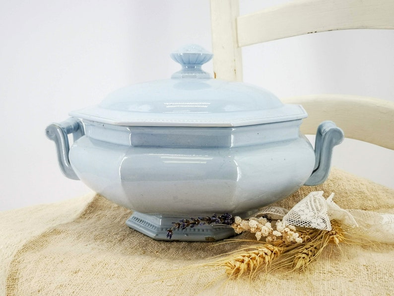 Antique French ironstone soup tureen, pale blue color octagonal soup tureen, raised pearled decor to edges, Creil Montereau octagonal tureen image 1