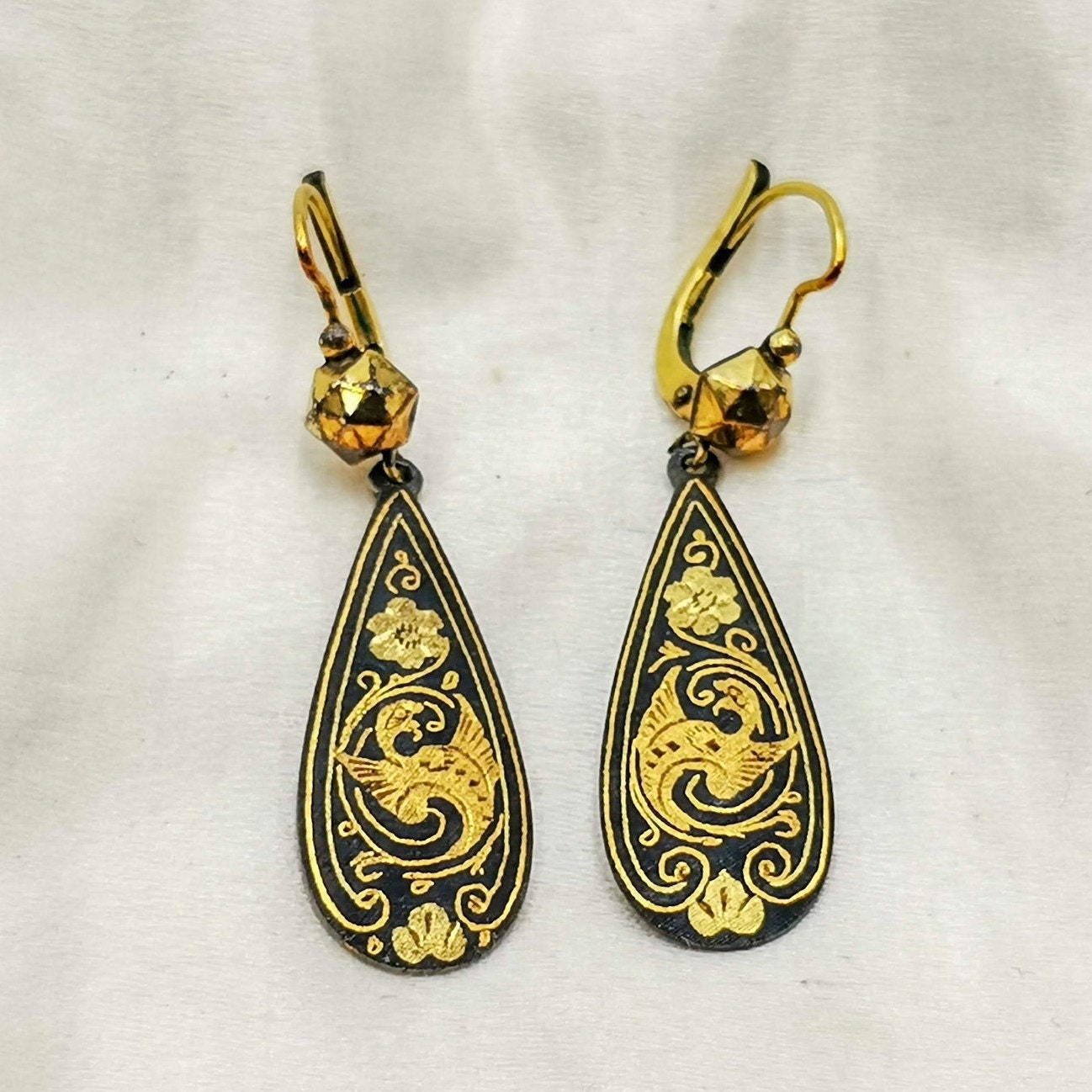 Antique dangle drops earrings gilt decoration on black base | Etsy