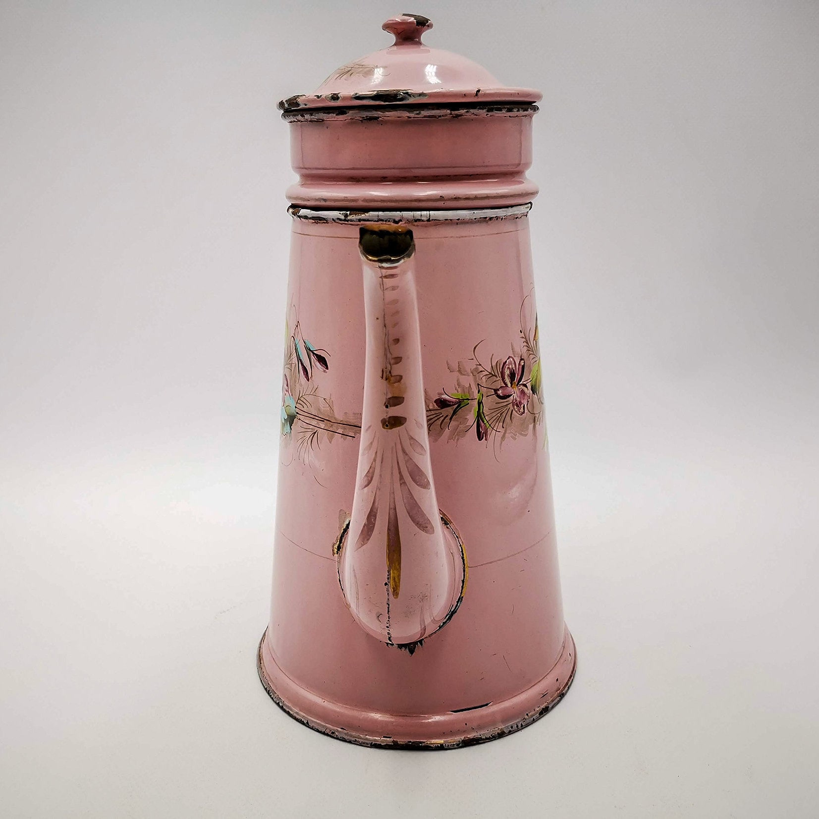 Antique French Enamel Coffee Pot, Pink Violets, Japy Style, 1900s
