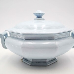 Antique French ironstone soup tureen, pale blue color octagonal soup tureen, raised pearled decor to edges, Creil Montereau octagonal tureen image 3