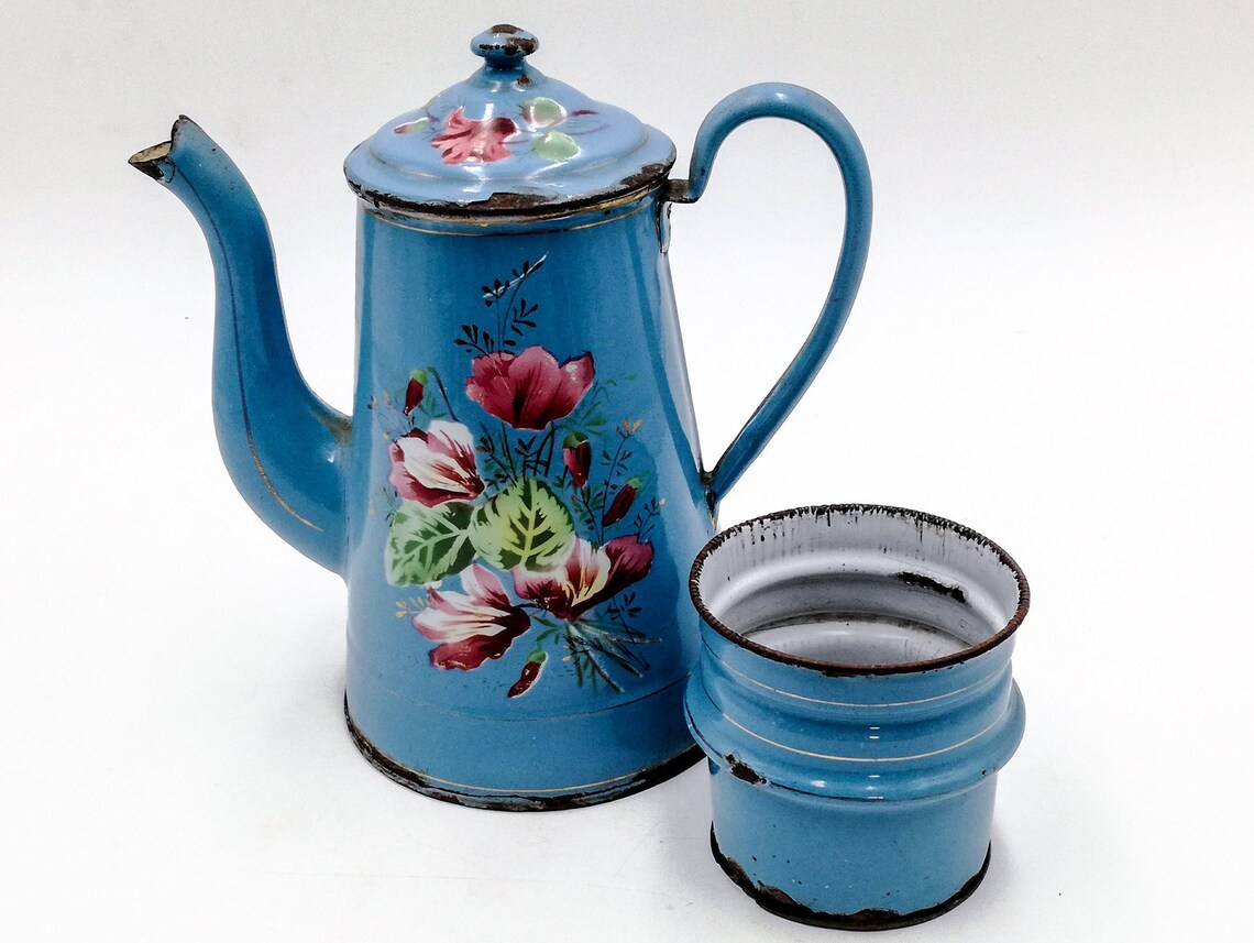 Antique Enamel French Coffee Pot Light Blue and Airbrushed Etsy